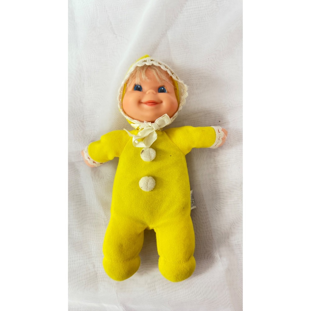 Vintage Mattel Bean Bag Baby Doll Yellow Plush Vinyl Face Blue Eyes Stuffed Toy